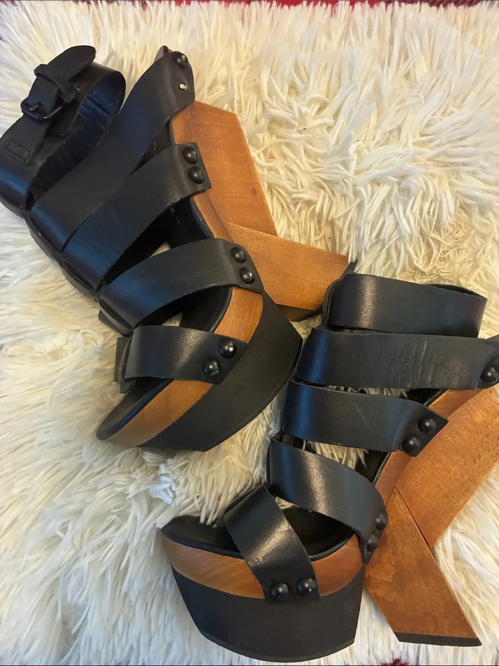 United Nude Black leather Strappy Platform wood Heeled Sandals size 6 with bag